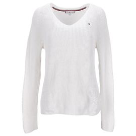 Tommy Hilfiger Damen-Pullover aus Rippstrick mit V-Ausschnitt und entspannter Passform Weiß