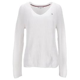 Tommy Hilfiger-Womens Rib Knit V Neck Relaxed Fit Jumper-White
