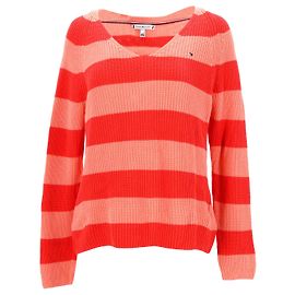 Tommy Hilfiger Suéter feminino canelado com decote em V e ajuste relaxado Laranja