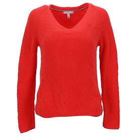 Tommy Hilfiger Suéter feminino canelado com decote em V e ajuste relaxado Laranja