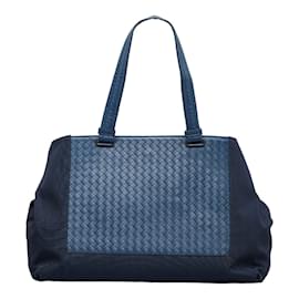 Bottega Veneta-Bottega Veneta Intrecciato Sac à main bicolore Sac à main en cuir en bon état-Bleu