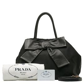 Prada Canapa Logo Bow Handbag Bolsa de lona em bom estado Preto