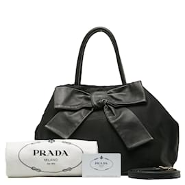 Prada-Prada Canapa Logo Bow Handbag Bolsa de lona em bom estado-Preto