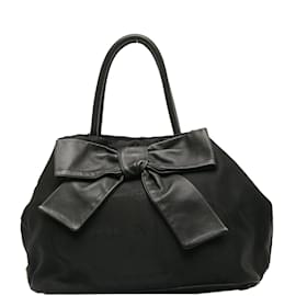 Prada-Prada Canapa Logo Bow Handbag Bolsa de lona em bom estado-Preto