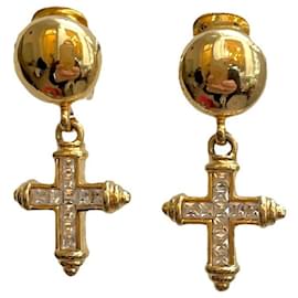 Autre Marque-Clip-on earrings with rhinestone cross 90s Agatha gold metal-White,Golden