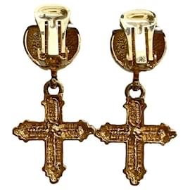 Autre Marque-Clip-on earrings with rhinestone cross 90s Agatha gold metal-White,Golden