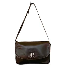Carven-Detachable lined shoulder strap baguette bag 60/70s Carven smooth chocolate leather-Chocolate,Silver hardware