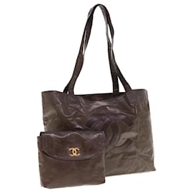 Chanel-CHANEL Tote Bag Patent leather Brown CC Auth bs10555-Brown