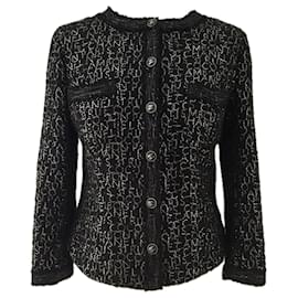 Chanel-Jaqueta de tweed preta com logotipo super raro-Preto
