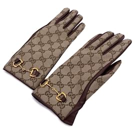 Gucci-Monogramm-Canvas-Leder-Damen-Horsebit-Handschuhe, Größe 7.5 M-Braun