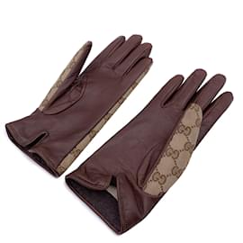Gucci-Monogram Canvas Leather Women Horsebit Gloves Size 7.5 M-Brown