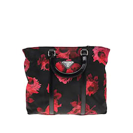 Prada-Floral Print Nylon Tote Bag-Red