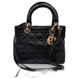 Dior-Dior Lady Dior Leather Bag with Crossbody Shoulder Strap-Black