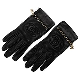 Chanel-Guantes Chanel con eslabones de cadena CC de piel de cordero negros-Negro