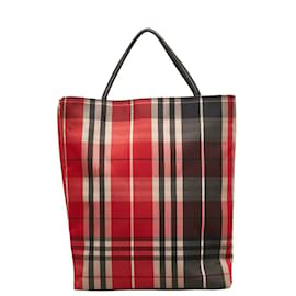 Burberry-Sacola de lona xadrez vermelha Burberry Bolsa de lona em bom estado-Vermelho