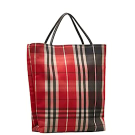 Burberry-Red Plaid Canvas Tote Bag-Red