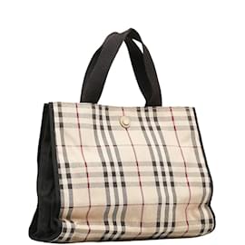 Burberry-Burberry Vintage Check Canvas Sac à main Sac à main en toile en bon état-Marron