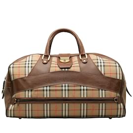 Burberry-Burberry Haymarket Check Canvas Travel Bag Sac de voyage en toile en bon état-Marron