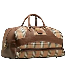 Burberry-Burberry Haymarket Check Canvas Travel Bag Sac de voyage en toile en bon état-Marron