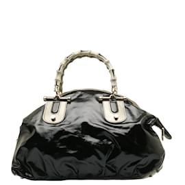 Gucci-Gucci Dialux Pop Bamboo Patent Bowler Bag Lederhandtasche 189867 in guter Kondition-Schwarz