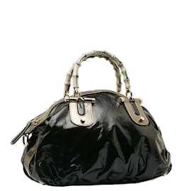 Gucci-Gucci Dialux Pop Bamboo Patent Bowler Bag Sac à main en cuir 189867 en bon état-Noir