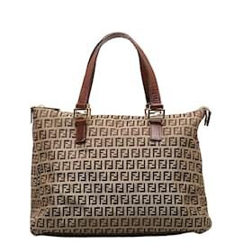 Fendi-Fendi Zucchino Canvas Leather Tote Bag-Brown