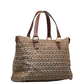 Fendi-Fendi Zucchino Canvas Leather Tote Bag-Brown