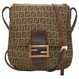 Fendi-Fendi Zucca FF Brown Monogram Fabric Canvas & Brown Leather Shoulder Bag Flap Messenger-Brown