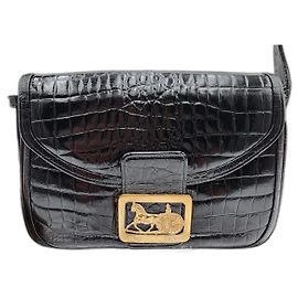 Céline Borsa a tracolla per carrozza a cavallo Celine vintage in pelle di coccodrillo nera Nero