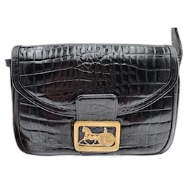 Céline-Celine Vintage Black Crocodile Skin Horse Carriage Shoulder Bag-Black