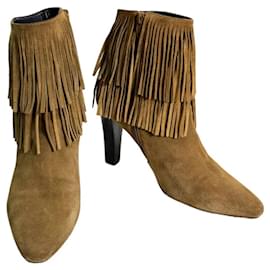 Saint Laurent Camel Bege Camurça Franja Salto Alto Toe Amêndoa Sapatos Botins 38.5 Camelo
