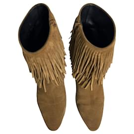 Saint Laurent-Saint Laurent Camel Beige Daim Fringe Talons Hauts Bout Amande Bottines Chaussures 38.5-Camel