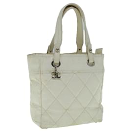 Chanel-CHANEL Paris Biarritz MM Tote Bag Coated Canvas White CC Auth bs10489-White
