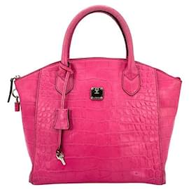 MCM-MCM leather handle bag pink reptile look handbag-Pink