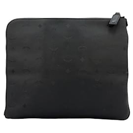 MCM-MCM Nylon Case Bag Logo Print Black Silver Studs Metallic Case Business Bag-Black