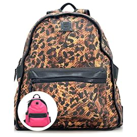 MCM-MCM Backpack Reversible Backpack Pink LeoPrint Black Bag Medium-Other