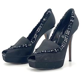 Louis Vuitton-Louis Vuitton Peep Toe Bombas Tacones Altos Perlas De Terciopelo Negro Talla. 39 Zapatos Negro-Negro