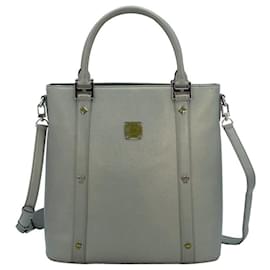 MCM-MCM Saffiano Leather Handle Bag Shoulder Bag Gray Silver Bag Handbag-Grey