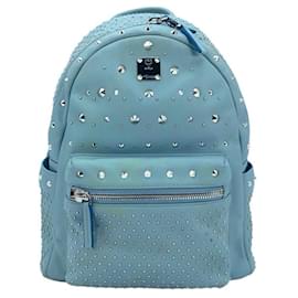 MCM-MCM Leather Backpack Small Backpack Light Blue Studs Rivets Baby Blue Silver-Light blue