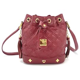 MCM-MCM Leather Bucket Small Bucket Bag Shoulder Bag Dark Red Quilted-Red
