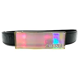 Chanel-Ceinture hologramme CHANEL en cuir verni Logo CC Taille Chanel. 80 Laque noire vintage-Noir