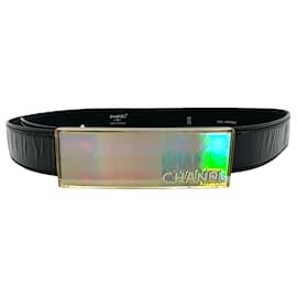 Chanel-CHANEL patent leather hologram belt CC logo Chanel size. 80 Black lacquer vintage-Black