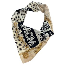 Sciarpa Bandana MCM Sciarpa da donna LeoPrint Cotone Crema Oro Beige Logo Leo Altro