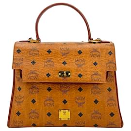 MCM-MCM Vintage Kelly Bag Cognac Brown Handbag Handle Bag Medium Logo Print-Cognac