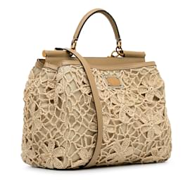 Dolce & Gabbana-Tan Dolce&Gabbana Crochet Raffia Sicily Satchel-Camel