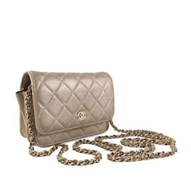 Chanel-Portefeuille Chanel Mini CC en cuir d'agneau doré sur chaîne-Doré