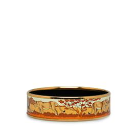 Hermès-Gold Hermes Lions Wide Enamel Bangle Costume Bracelet-Golden