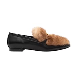 Louis Vuitton-Black & Brown Louis Vuitton Leather & Mink Fur Monogram Loafers Size 39-Black