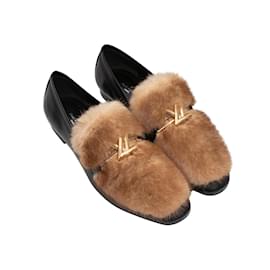 Louis Vuitton-Black & Brown Louis Vuitton Leather & Mink Fur Monogram Loafers Size 39-Black