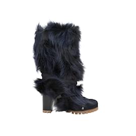 Chloé-Botas de cano médio Chloe Coyote Fur & Leather Navy Tamanho 37-Azul marinho